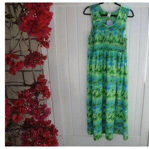 Rina Bahama Women's Dress Smocked‎ Bodice Green Blue Print Free Size NEW